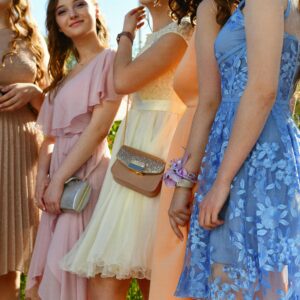 A group of women enjoying a sunny outdoor event dressed in elegant, colorful gowns.